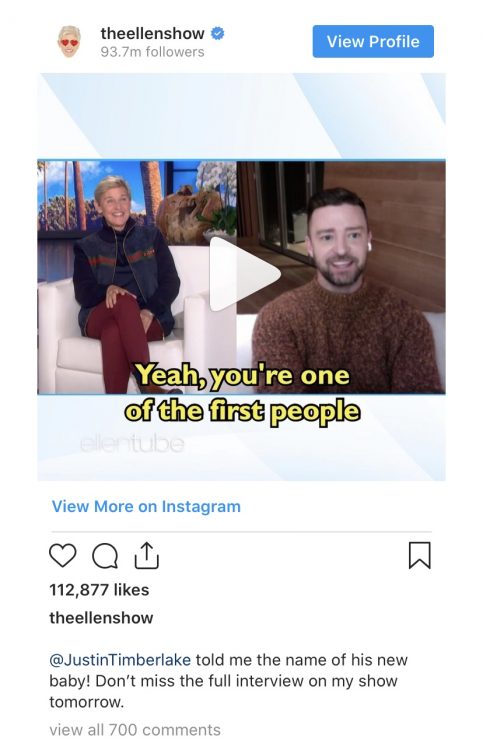 Justin Timberlake Reveals Details About His New Baby Boy On Ellen DeGeneres Show