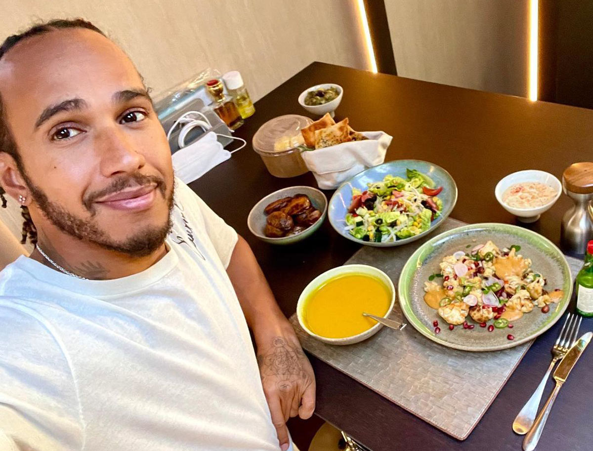 Lewis Hamilton with vegan food